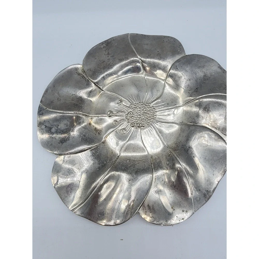 Vintage Silver Tone Poppy Flower Trinket Dish Decorative Metal Floral Tray 7.25